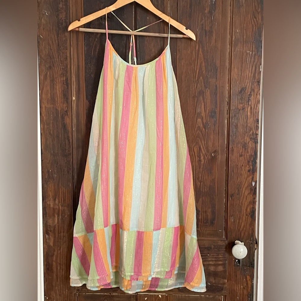 Lane Bryant Rainbow Metallic Stripe Drop Waist Sleeveless Short Dress Sz 14